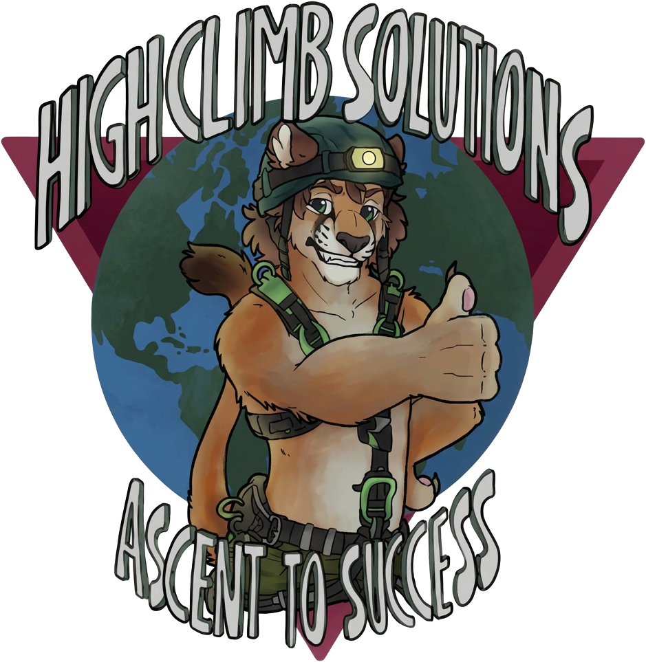 Maskottchen von HIGHCLIMB SOLUTIONS in Kletterausrüstung mit erhobenem Daumen